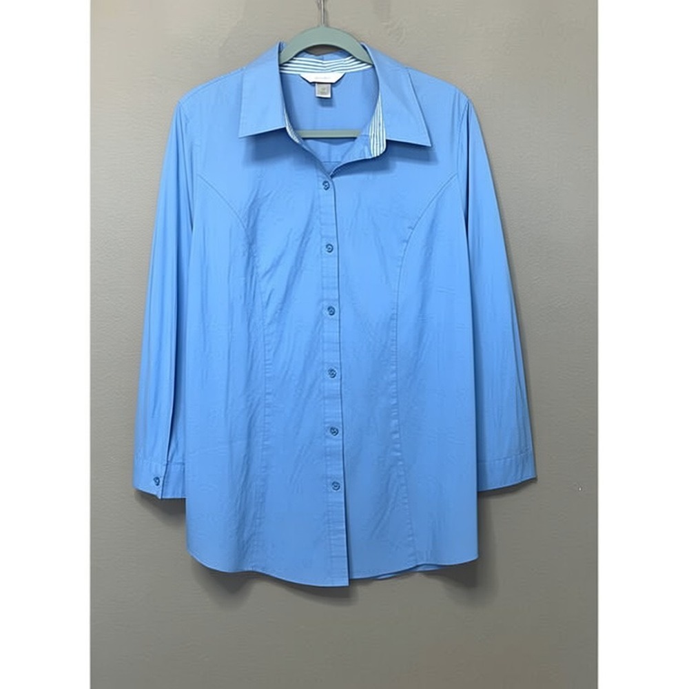 CJ Banks Womens 1X Blue Button Down 3/4 Sleeve Collared Shirt Princess Seams